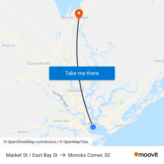 Market St / East Bay St to Moncks Corner, SC map