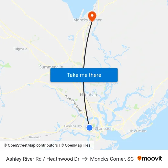 Ashley River Rd / Heathwood Dr to Moncks Corner, SC map