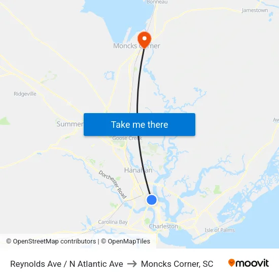 Reynolds Ave / N Atlantic Ave to Moncks Corner, SC map