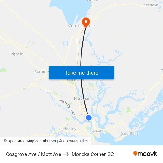 Cosgrove Ave / Mott Ave to Moncks Corner, SC map
