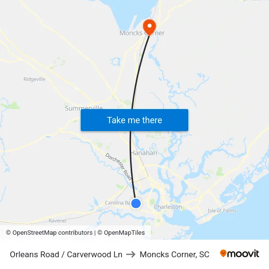 Orleans Road / Carverwood Ln to Moncks Corner, SC map
