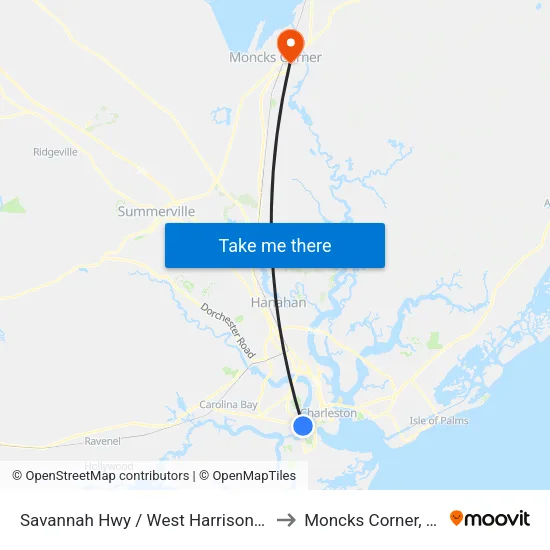 Savannah Hwy / West Harrison Rd to Moncks Corner, SC map