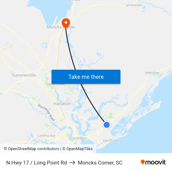N Hwy 17 / Long Point Rd to Moncks Corner, SC map