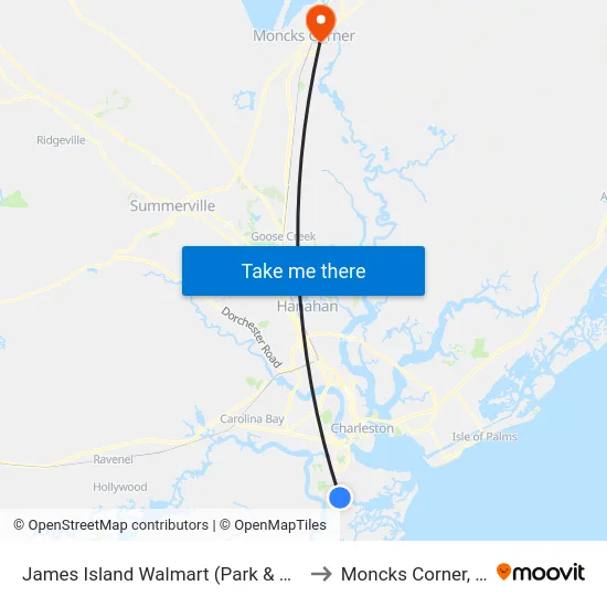 James Island Walmart (Park & Ride) to Moncks Corner, SC map