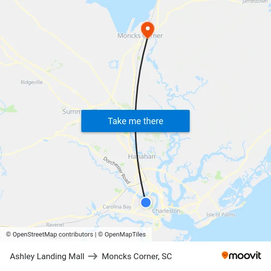 Ashley Landing Mall to Moncks Corner, SC map