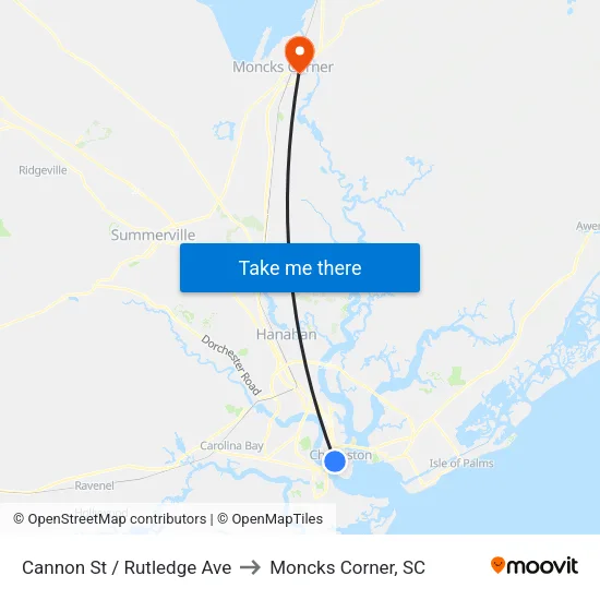 Cannon St / Rutledge Ave to Moncks Corner, SC map