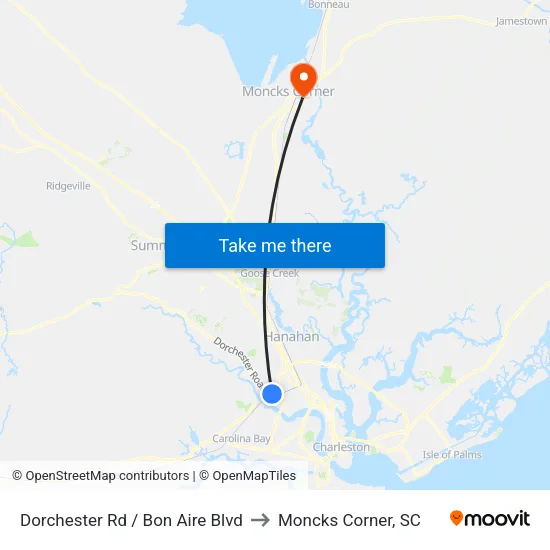 Dorchester Rd / Bon Aire Blvd to Moncks Corner, SC map