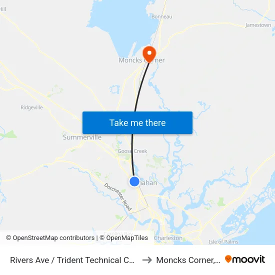 Rivers Ave / Trident Technical College to Moncks Corner, SC map