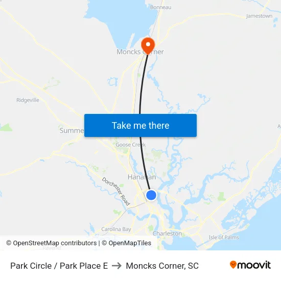 Park Circle / Park Place E to Moncks Corner, SC map