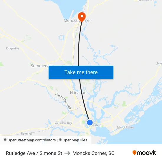 Rutledge Ave / Simons St to Moncks Corner, SC map