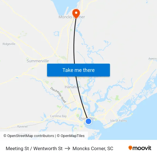 Meeting St / Wentworth St to Moncks Corner, SC map