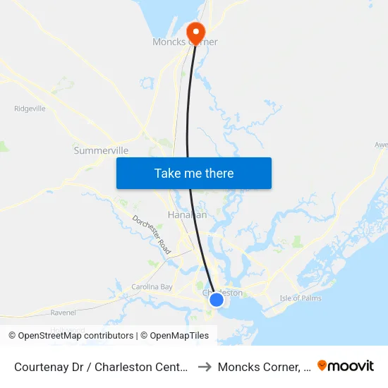 Courtenay Dr / Charleston Center Dr to Moncks Corner, SC map