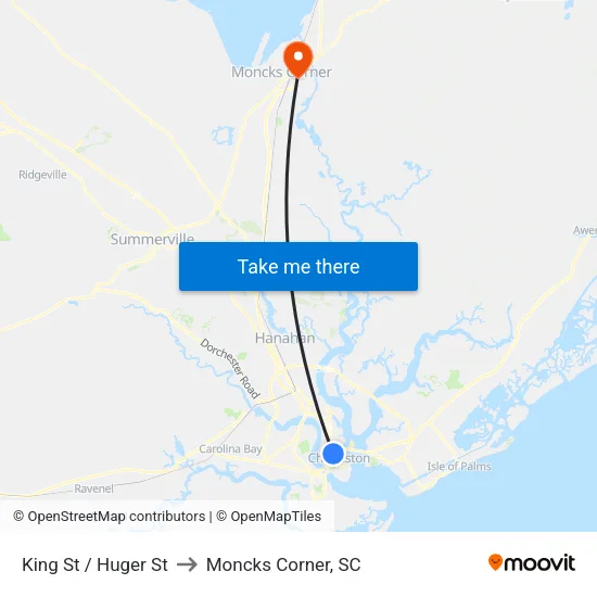 King St / Huger St to Moncks Corner, SC map