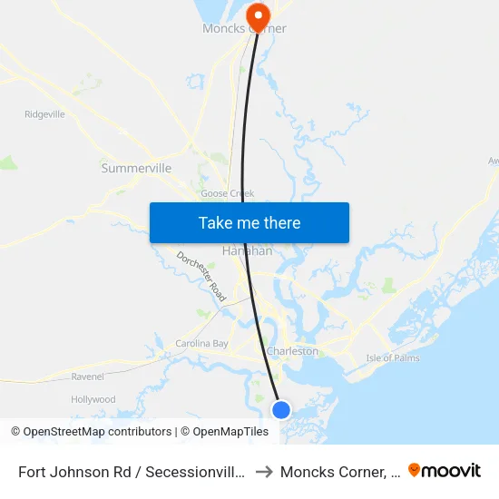 Fort Johnson Rd / Secessionville Rd to Moncks Corner, SC map