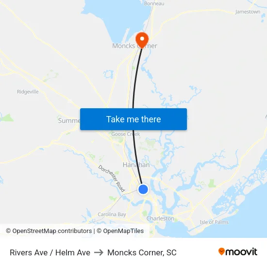 Rivers Ave / Helm Ave to Moncks Corner, SC map
