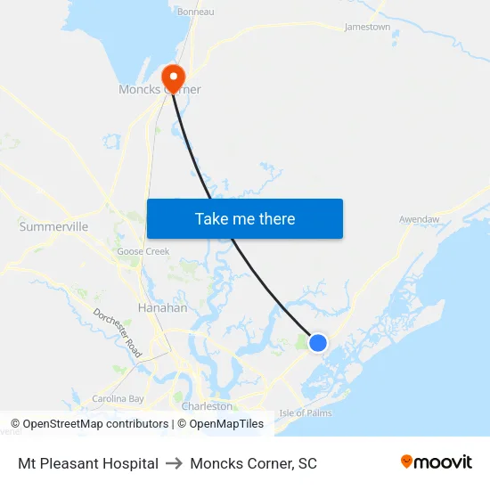 Mt Pleasant Hospital to Moncks Corner, SC map