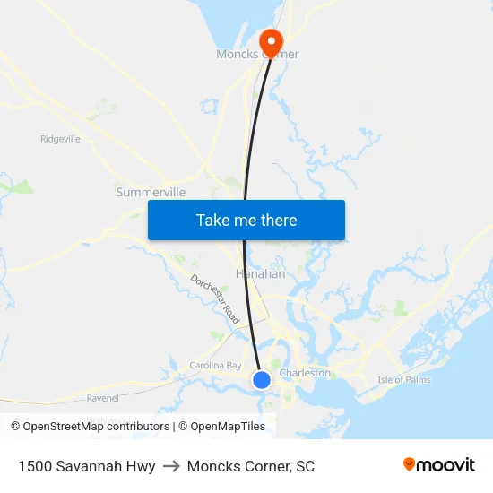 1500 Savannah Hwy to Moncks Corner, SC map
