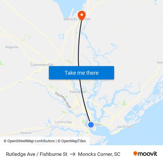 Rutledge Ave / Fishburne St to Moncks Corner, SC map