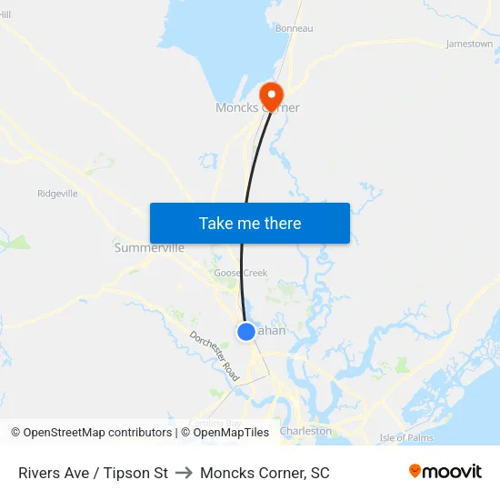 Rivers Ave / Tipson St to Moncks Corner, SC map
