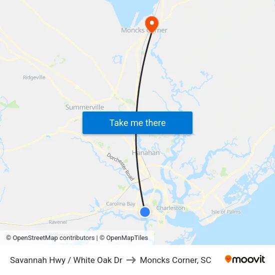 Savannah Hwy / White Oak Dr to Moncks Corner, SC map