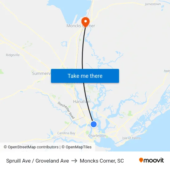 Spruill Ave / Groveland Ave to Moncks Corner, SC map