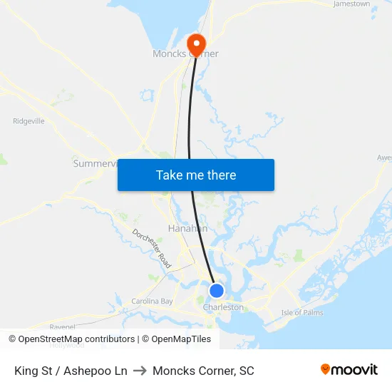 King St / Ashepoo Ln to Moncks Corner, SC map