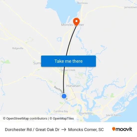 Dorchester Rd / Great Oak Dr to Moncks Corner, SC map