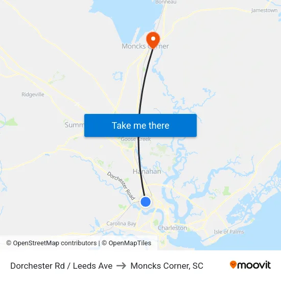 Dorchester Rd / Leeds Ave to Moncks Corner, SC map