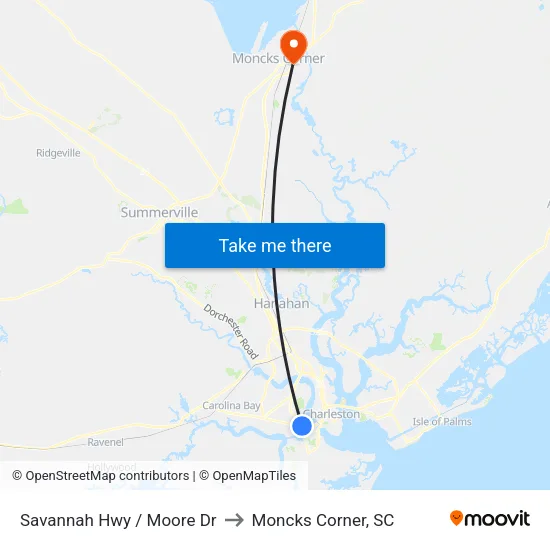Savannah Hwy / Moore Dr to Moncks Corner, SC map