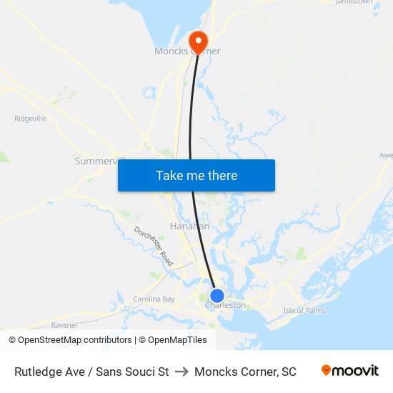 Rutledge Ave / Sans Souci St to Moncks Corner, SC map