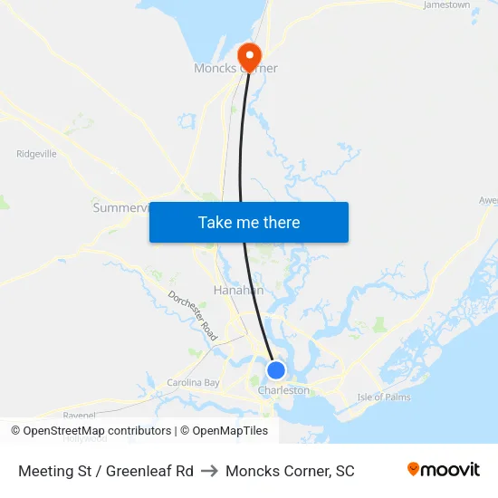 Meeting St / Greenleaf Rd to Moncks Corner, SC map