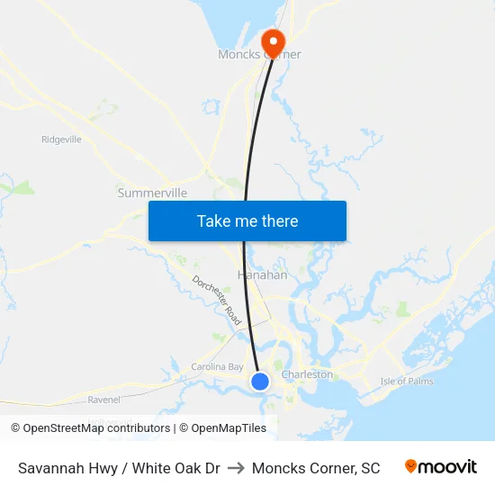 Savannah Hwy / White Oak Dr to Moncks Corner, SC map
