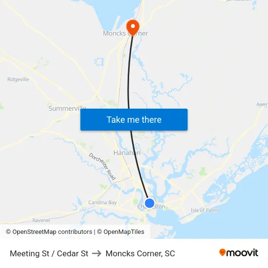 Meeting St / Cedar St to Moncks Corner, SC map