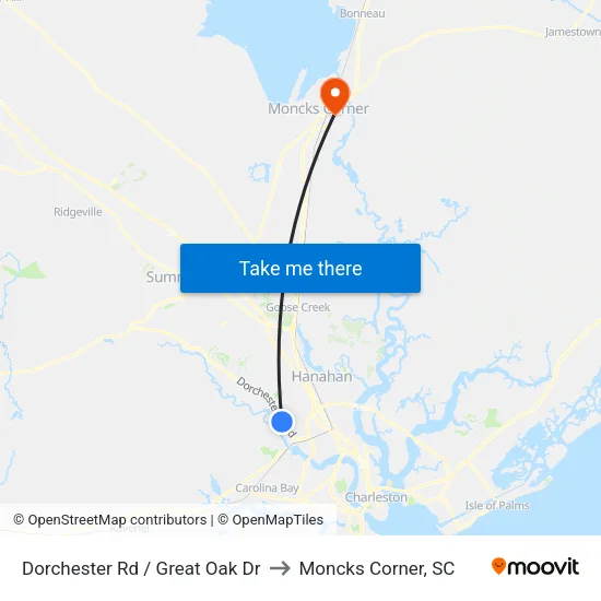 Dorchester Rd / Great Oak Dr to Moncks Corner, SC map