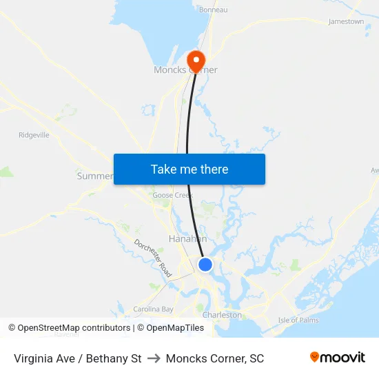 Virginia Ave / Bethany St to Moncks Corner, SC map
