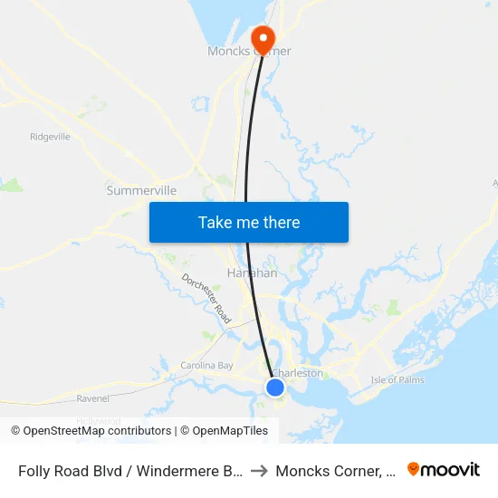 Folly Road Blvd / Windermere Blvd to Moncks Corner, SC map