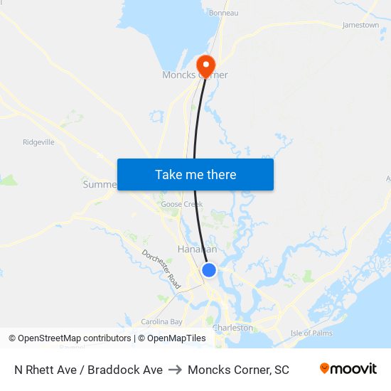 N Rhett Ave / Braddock Ave to Moncks Corner, SC map