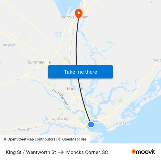 King St / Wentworth St to Moncks Corner, SC map