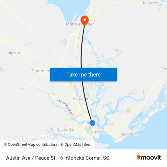 Austin Ave / Peace St to Moncks Corner, SC map