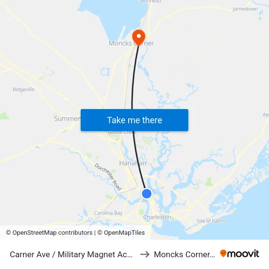 Carner Ave / Military Magnet Academy to Moncks Corner, SC map
