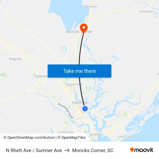 N Rhett Ave / Sumner Ave to Moncks Corner, SC map