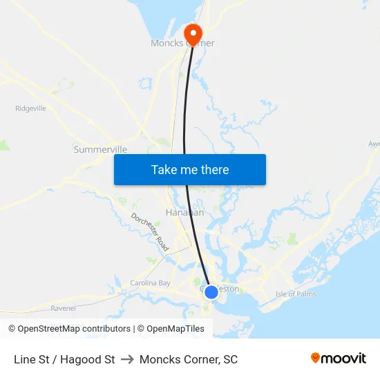 Line St / Hagood St to Moncks Corner, SC map