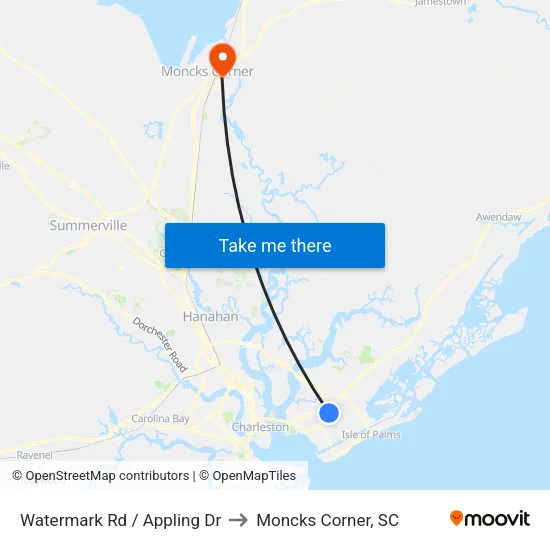 Watermark Rd / Appling Dr to Moncks Corner, SC map