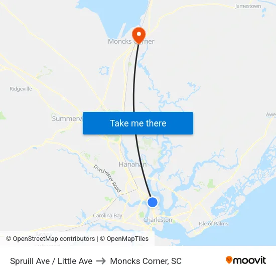 Spruill Ave / Little Ave to Moncks Corner, SC map