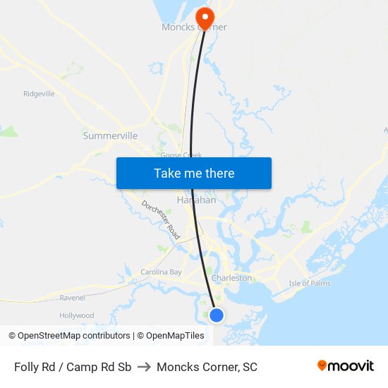 Folly Rd / Camp Rd Sb to Moncks Corner, SC map