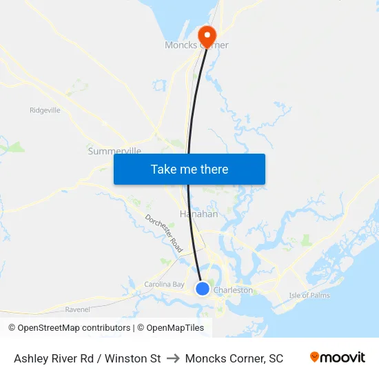 Ashley River Rd / Winston St to Moncks Corner, SC map