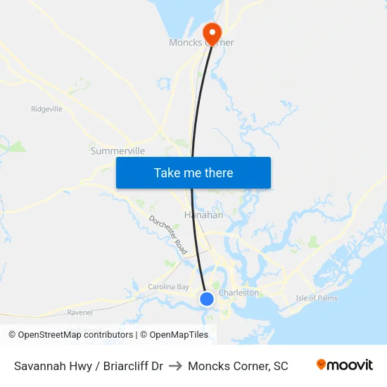 Savannah Hwy / Briarcliff Dr to Moncks Corner, SC map