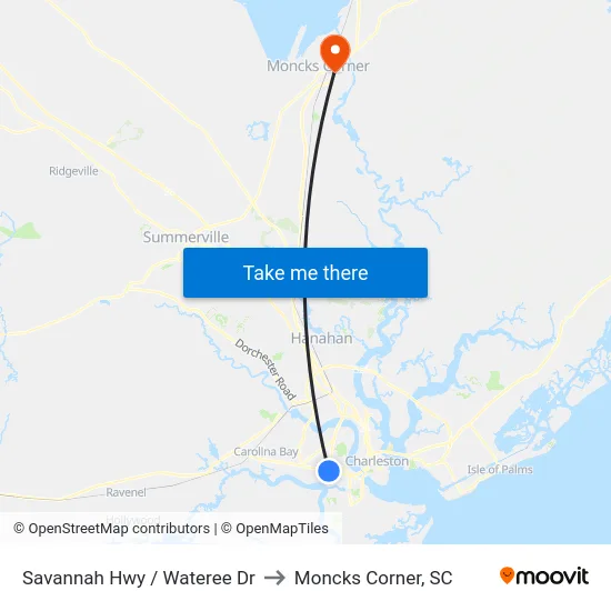 Savannah Hwy / Wateree Dr to Moncks Corner, SC map