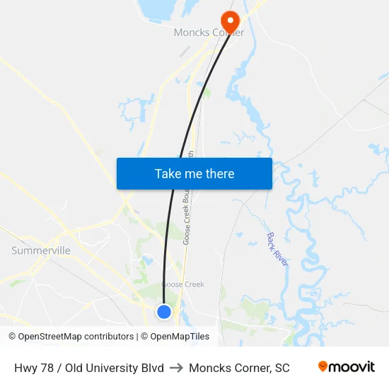 Hwy 78 / Old University Blvd to Moncks Corner, SC map