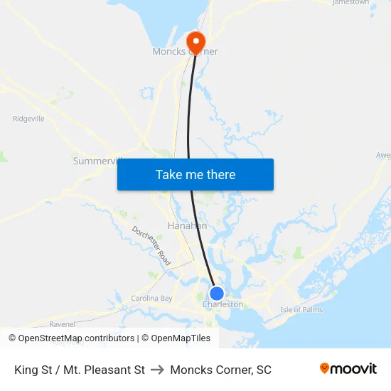 King St / Mt. Pleasant St to Moncks Corner, SC map